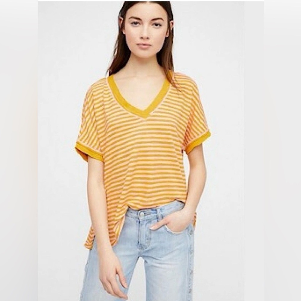 We The Free Take Me Striped Tee in Yellow and Pink V-Neck Tee Size Small